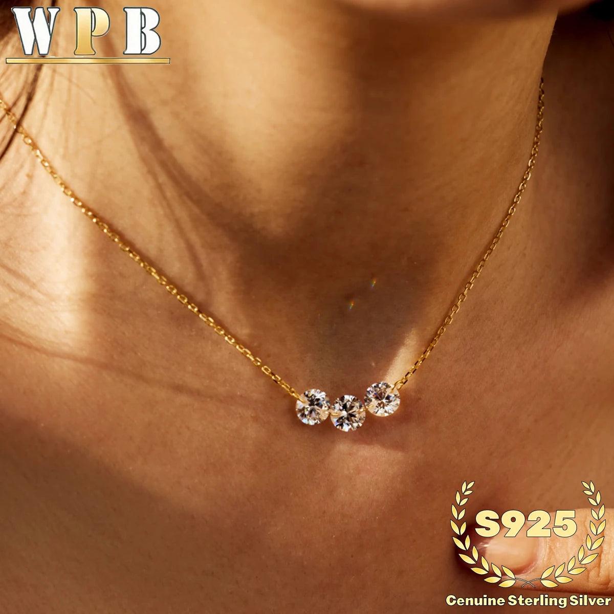 Sterling Silver Three-Stone Zircon Necklace – Adjustable