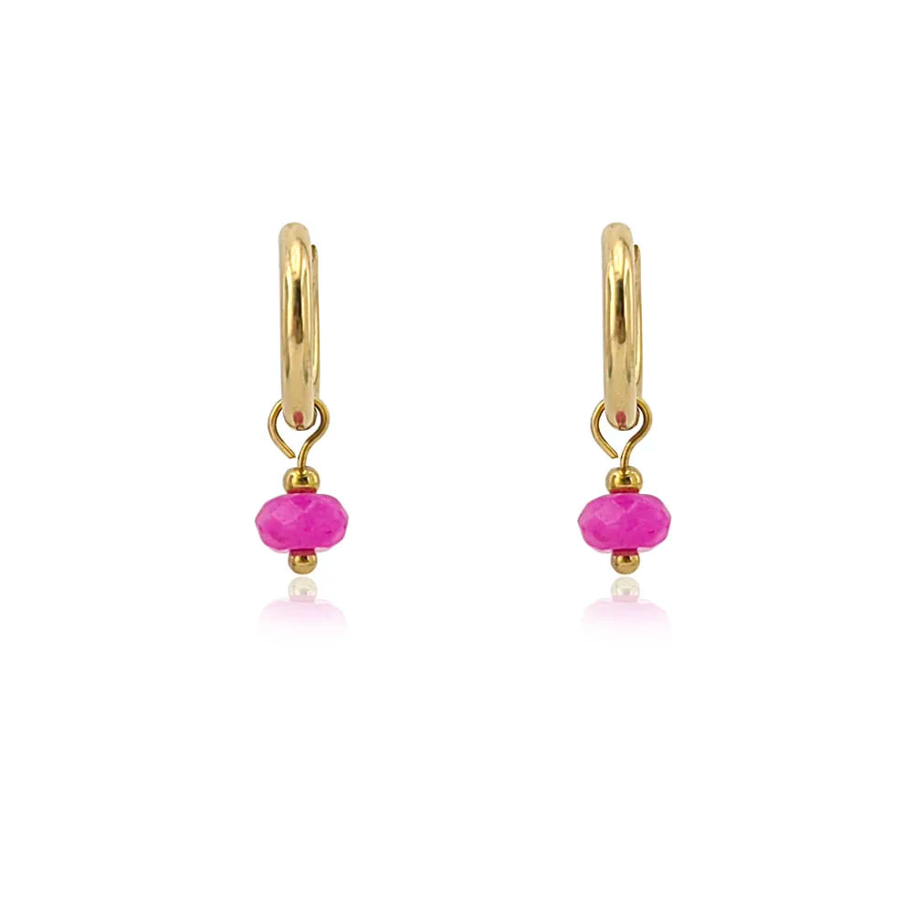 Natural Stone Huggie Hoop Earrings – Gold Tone