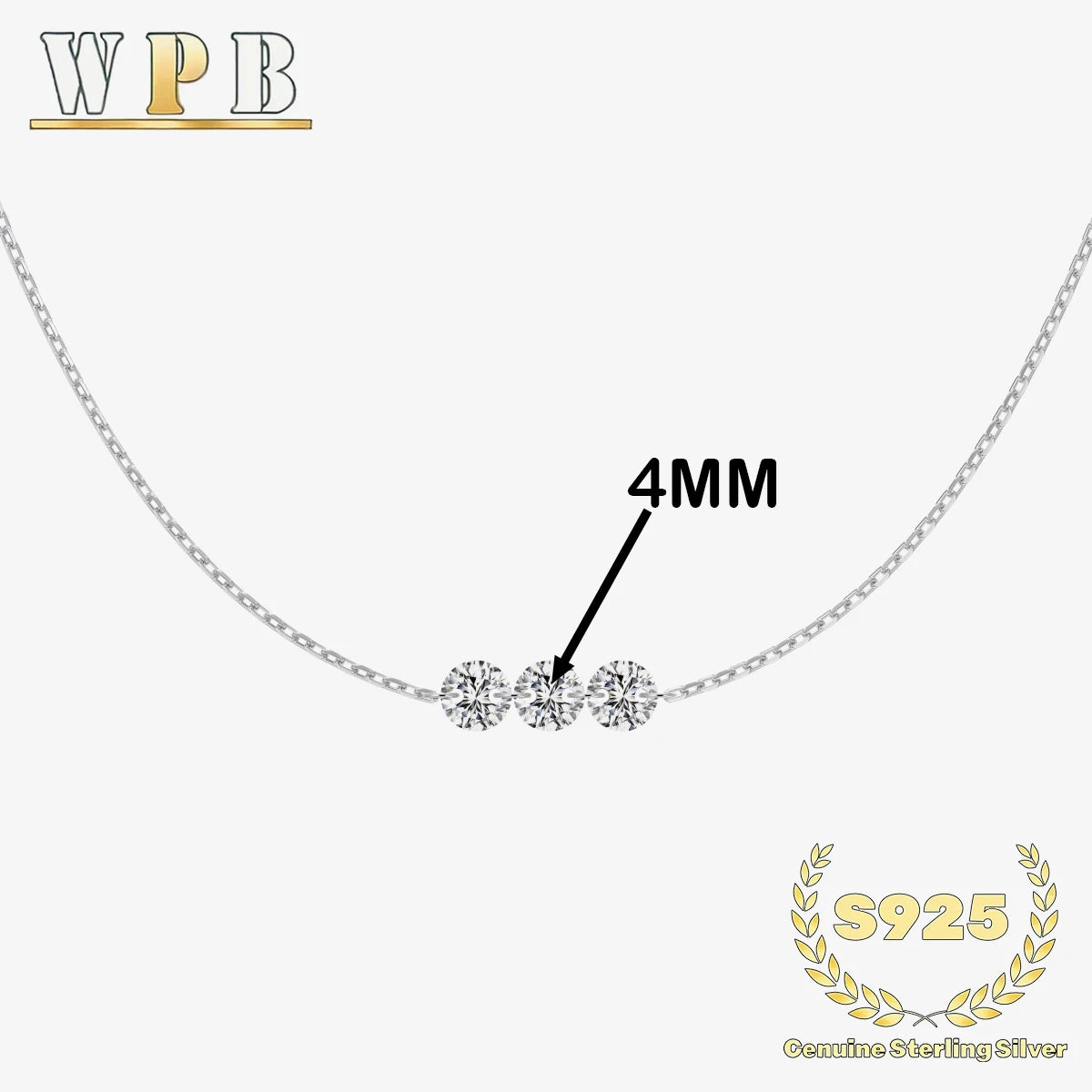 Sterling Silver Three-Stone Zircon Necklace – Adjustable