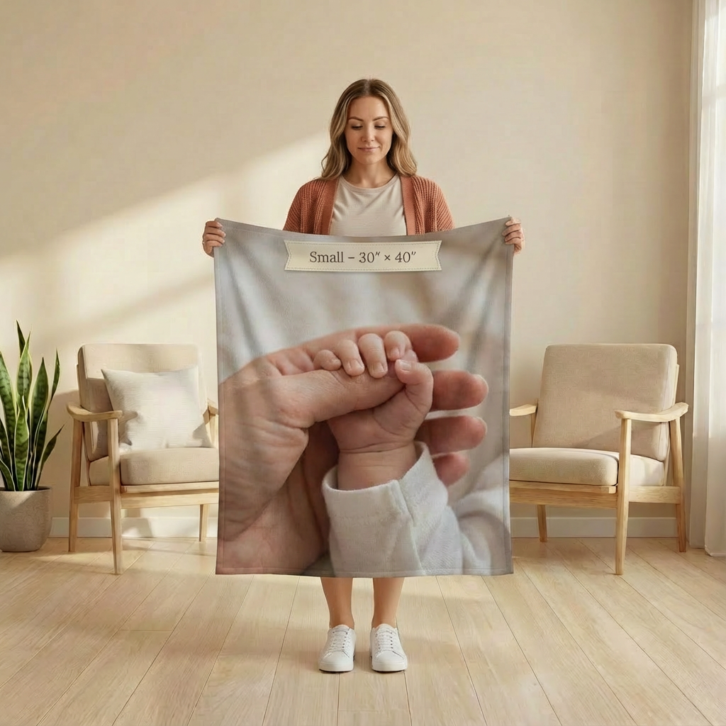 Woman holding a small blanket of a baby holding a hand