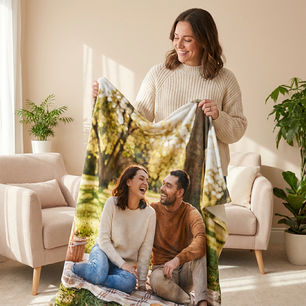Woman holding a scenic blanket with a man and woman sitting on the floor in a living room.
