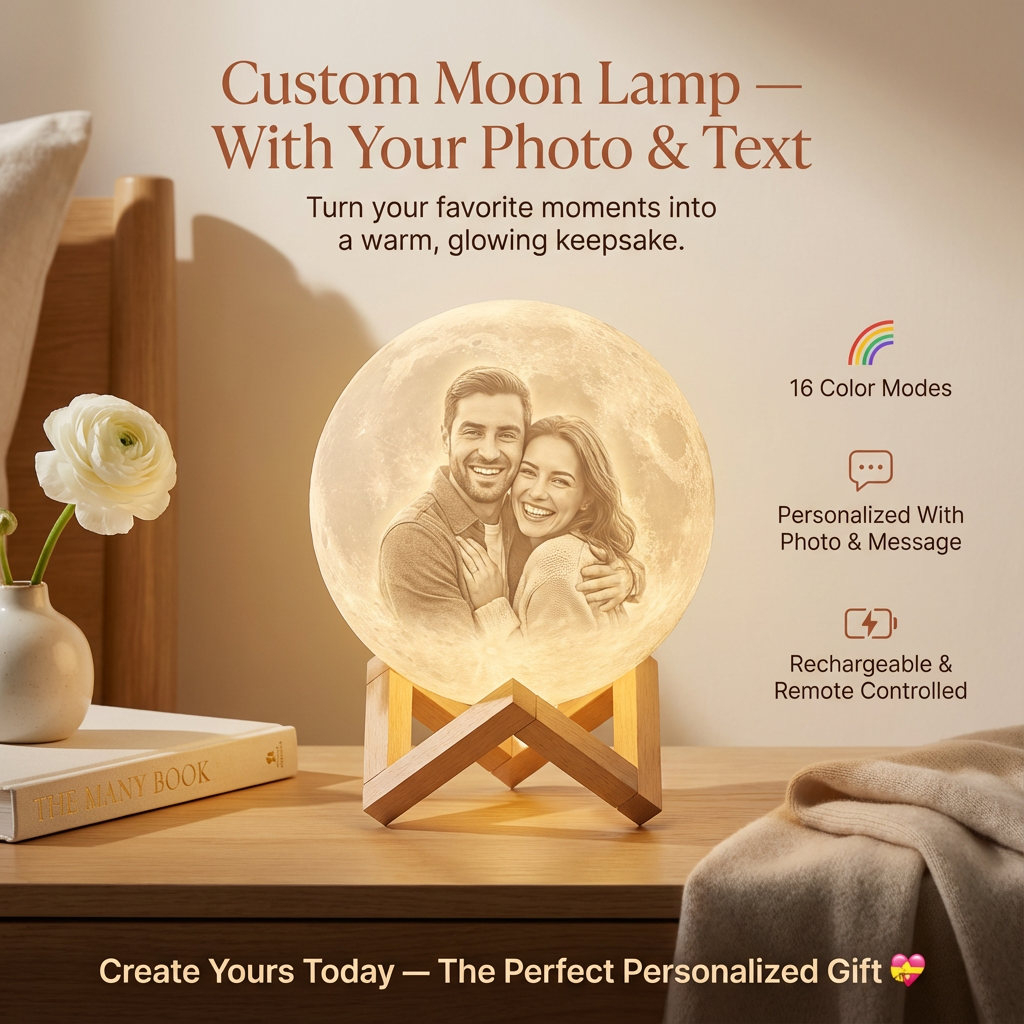 Custom moon lamp with a couple's photo on a wooden surface with a flower and book in the background.