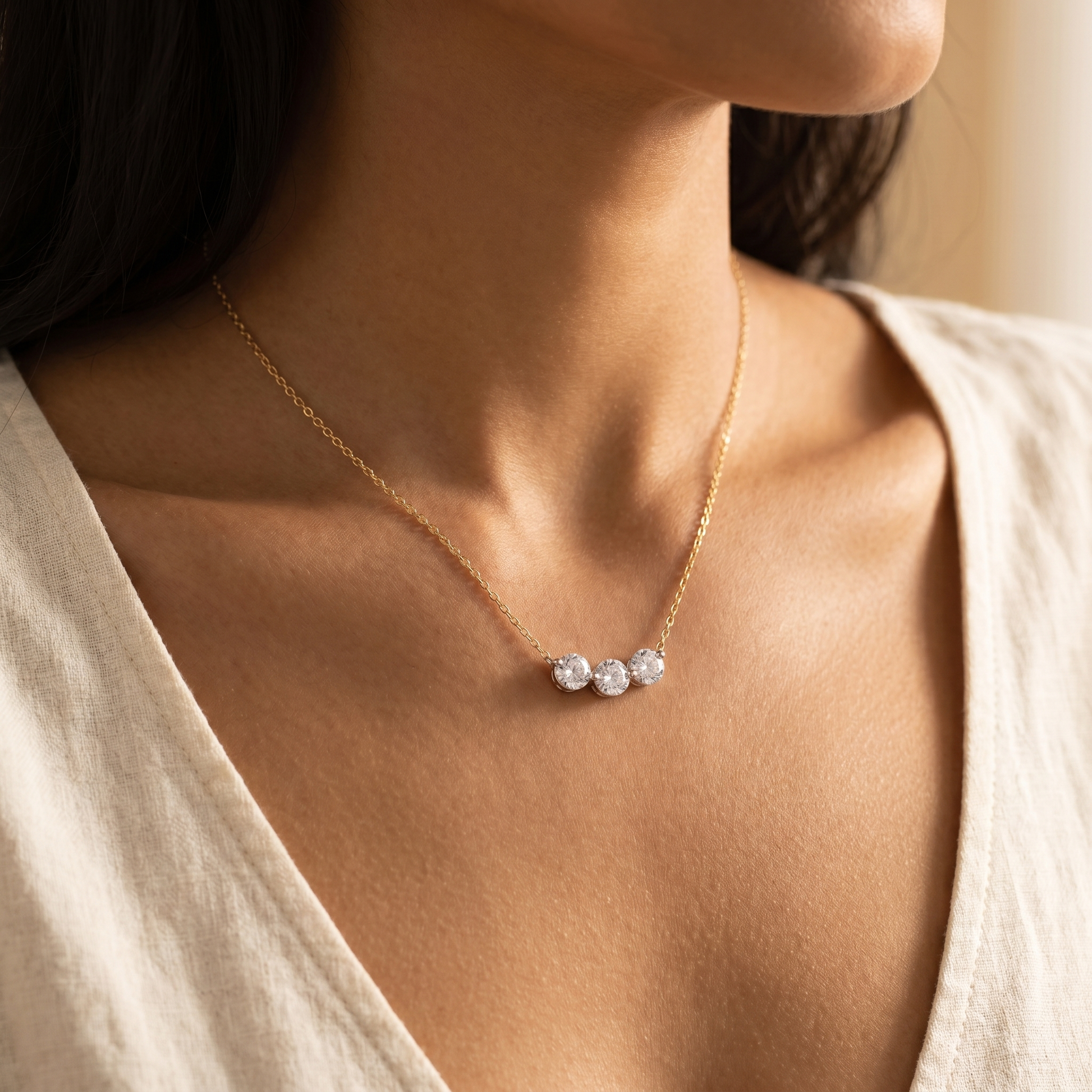 Woman wearing the silver three-stone necklace, warm beige lifestyle