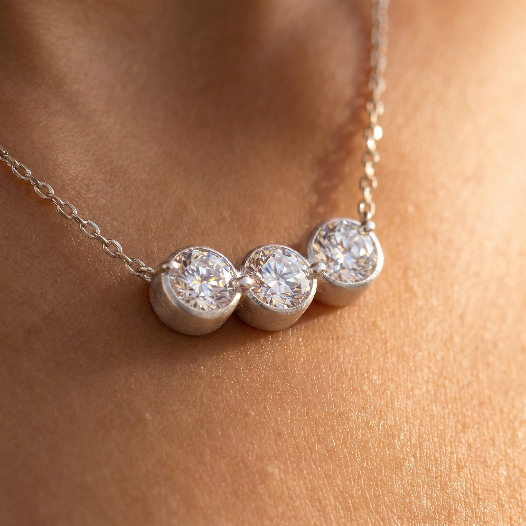 Close-up of the silver three-stone pendant on skin