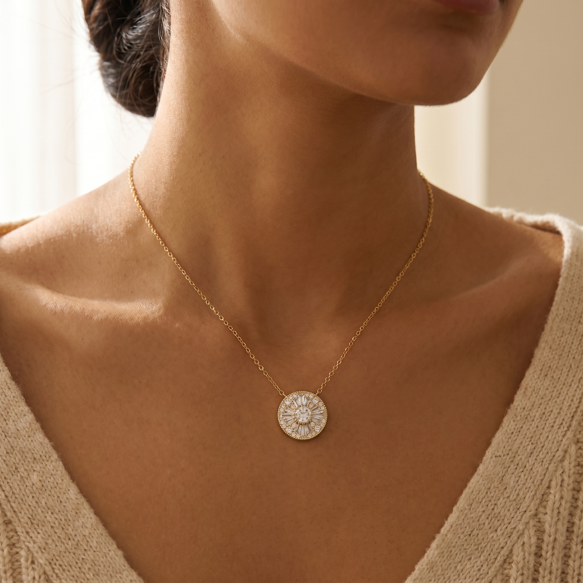 Woman wearing the gold moissanite solitaire necklace, warm beige lifestyle