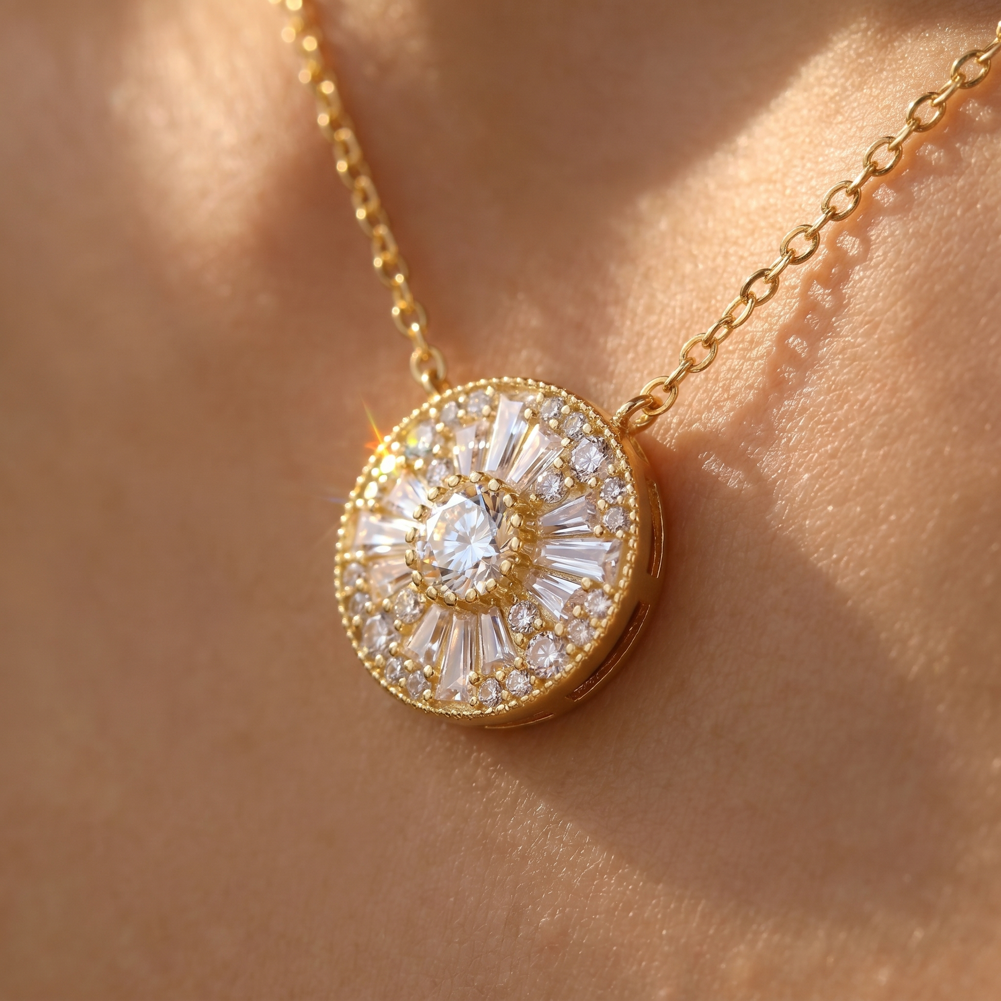 Close-up of the moissanite solitaire pendant on skin