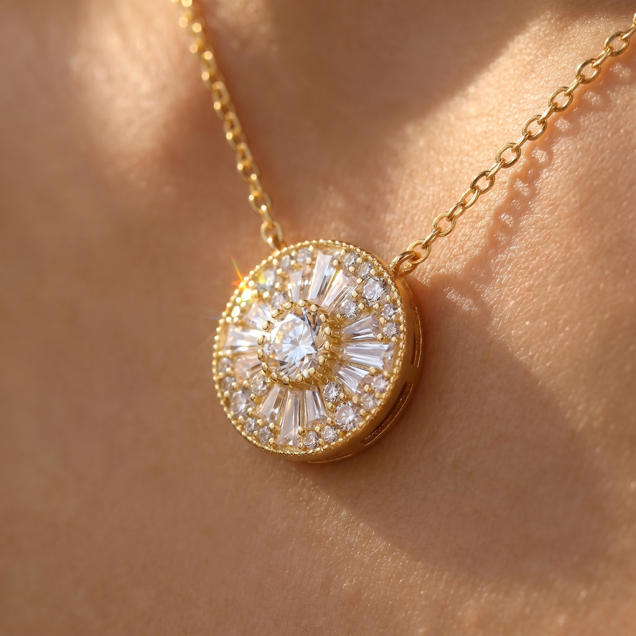 Close-up of the moissanite solitaire pendant on skin