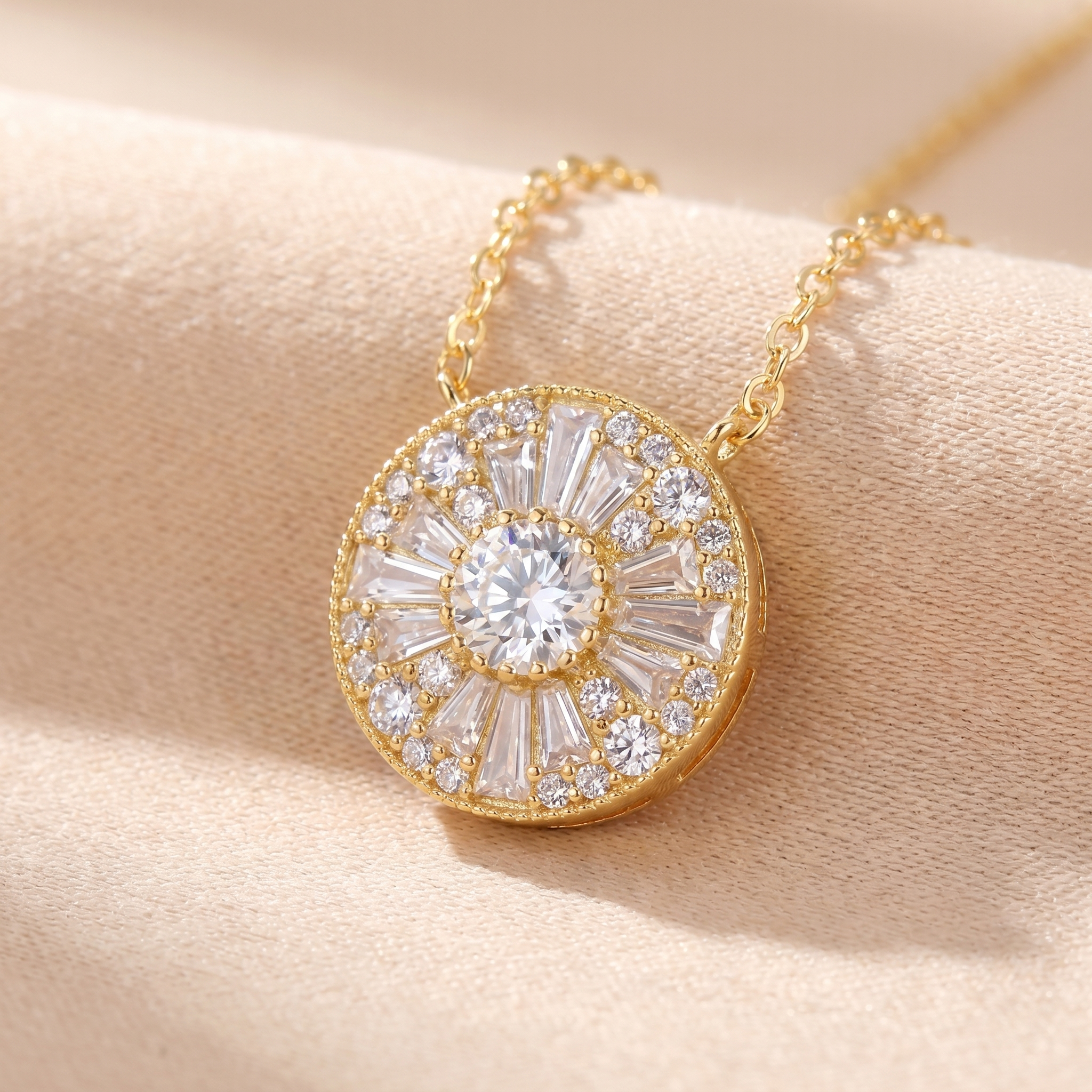 Macro detail of the moissanite solitaire pendant on beige