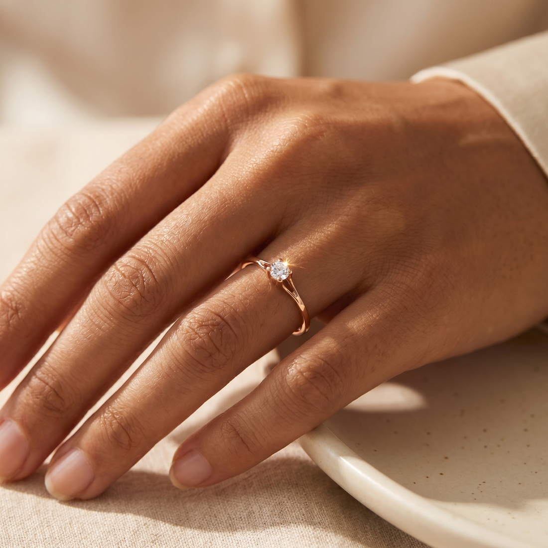 Minimalist 4mm cubic zirconia solitaire ring on a soft beige background