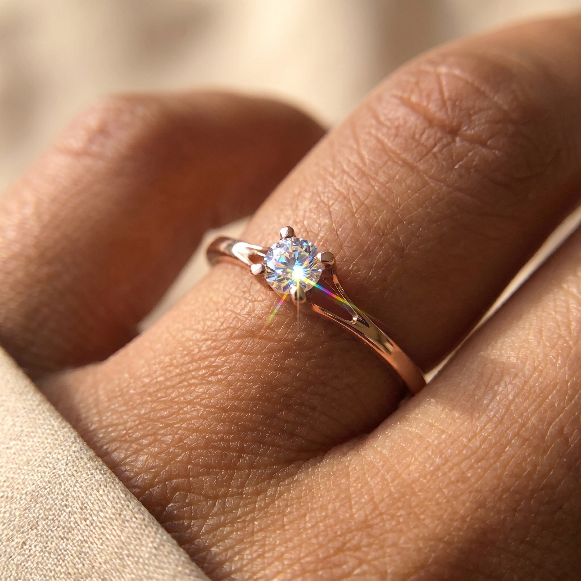 Close-up of the cubic zirconia solitaire ring on finger