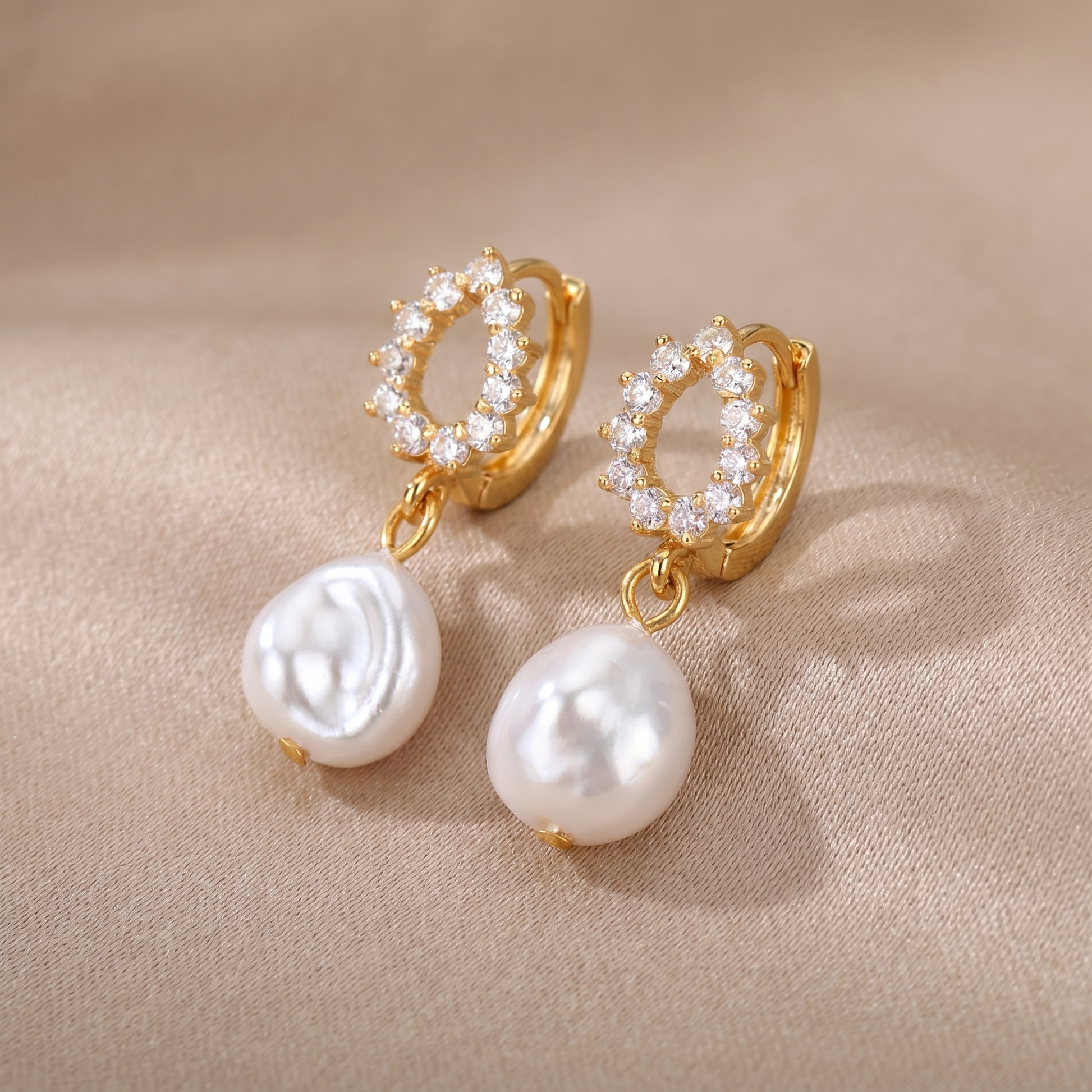 Pave Pearl Drop Huggie Earrings macro detail