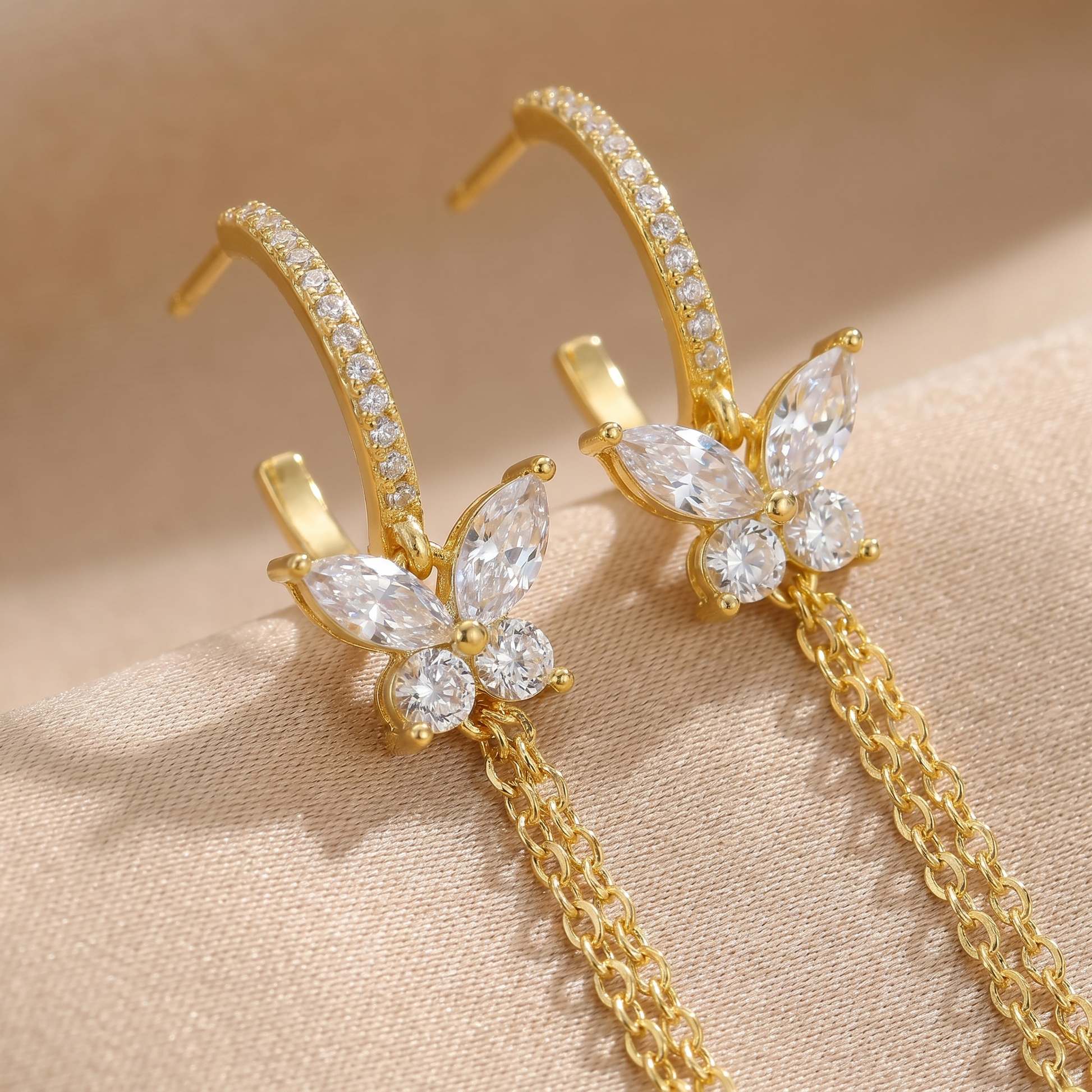 Butterfly Chain Drop Stud Earrings macro detail