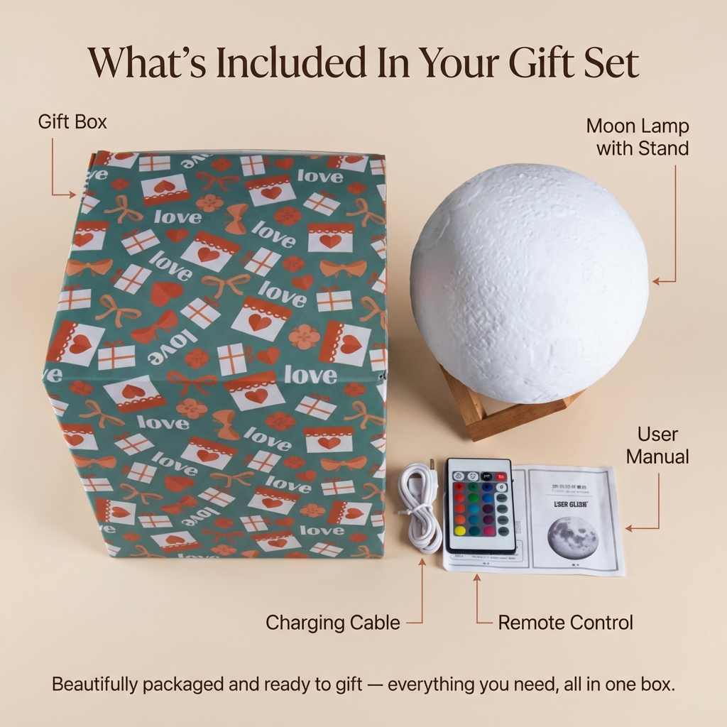 Gift set with moon lamp, packaging, remote control, charging cable, and user manual on a beige background.