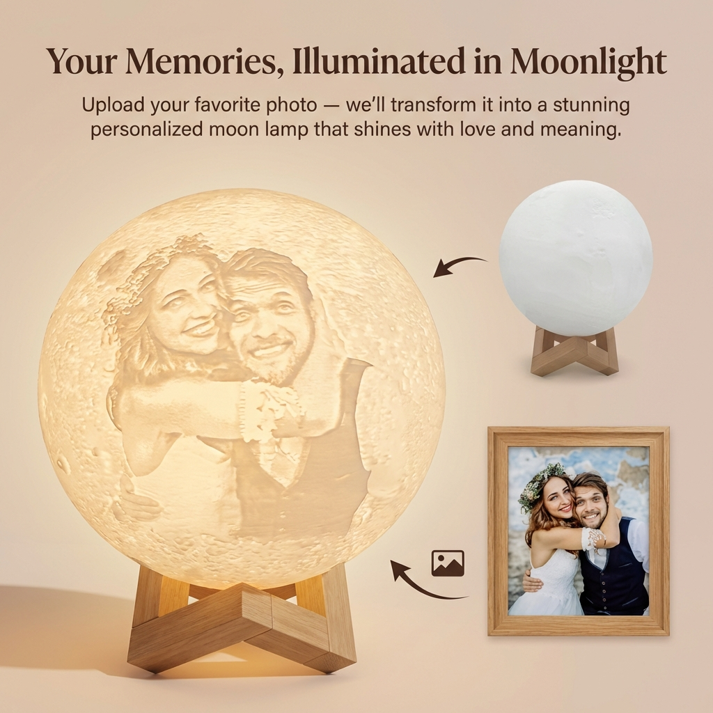 Personalized moon lamp with a couple's photo on a beige background