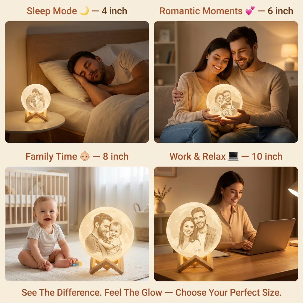 Custom moon lamp with a couple's photo on a wooden surface with a flower and book in the background.